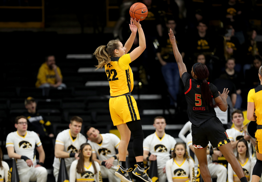 Iowa Hawkeyes guard Kathleen Doyle (22) against the Maryland Terrapins Thursday, January 9, 2020 at Carver-Hawkeye Arena. (Brian Ray/hawkeyesports.com)