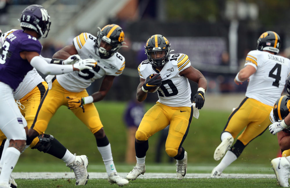 Iowa Hawkeyes running back Mekhi Sargent (10) against the Northwestern Wildcats Saturday, October 26, 2019 at Ryan Field in Evanston, Ill. (Brian Ray/hawkeyesports.com)