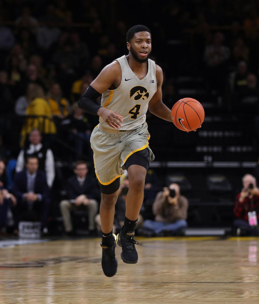 Iowa Hawkeyes guard Isaiah Moss (4) against the Nebraska Cornhuskers Sunday, January 6, 2019 at Carver-Hawkeye Arena. (Brian Ray/hawkeyesports.com)