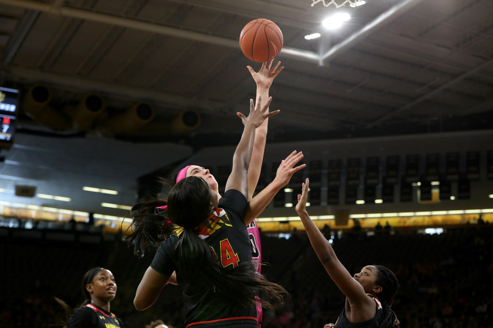 Iowa Hawkeyes forward Megan Gustafson (10) against the seventh ranked Maryland Terrapins Sunday, February 17, 2019 at Carver-Hawkeye Arena. (Brian Ray/hawkeyesports.com)