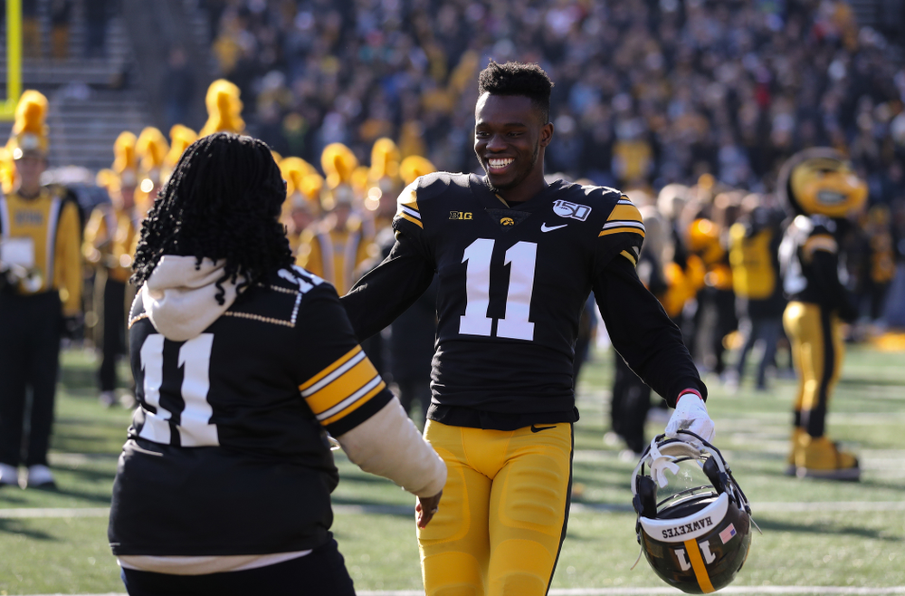 Iowa Hawkeyes defensive back Michael Ojemudia (11) during Senior Day festivities before their game against the Illinois Fighting Illini Saturday, November 23, 2019 at Kinnick Stadium. (Brian Ray/hawkeyesports.com)