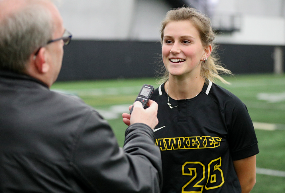 Iowa infielder Mia Ruther (26) answers questions during Iowa Softball Media Day at the Hawkeye Tennis and Recreation Complex in Iowa City on Thursday, January 30, 2020. (Stephen Mally/hawkeyesports.com)