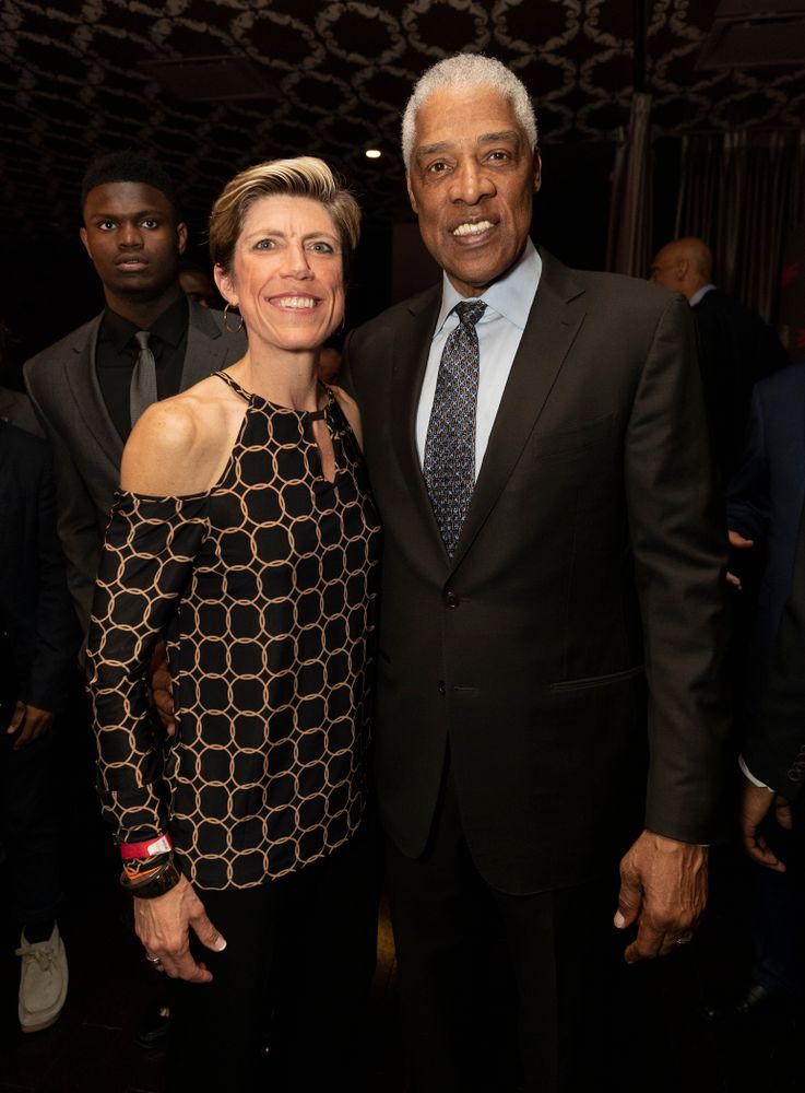 Iowa Hawkeyes associate head coach Jan Jensen with NBA great Julius Erving before the ESPN College Basketball Awards show Friday, April 12, 2019 at The Novo at LA Live. (Brian Ray/hawkeyesports.com)