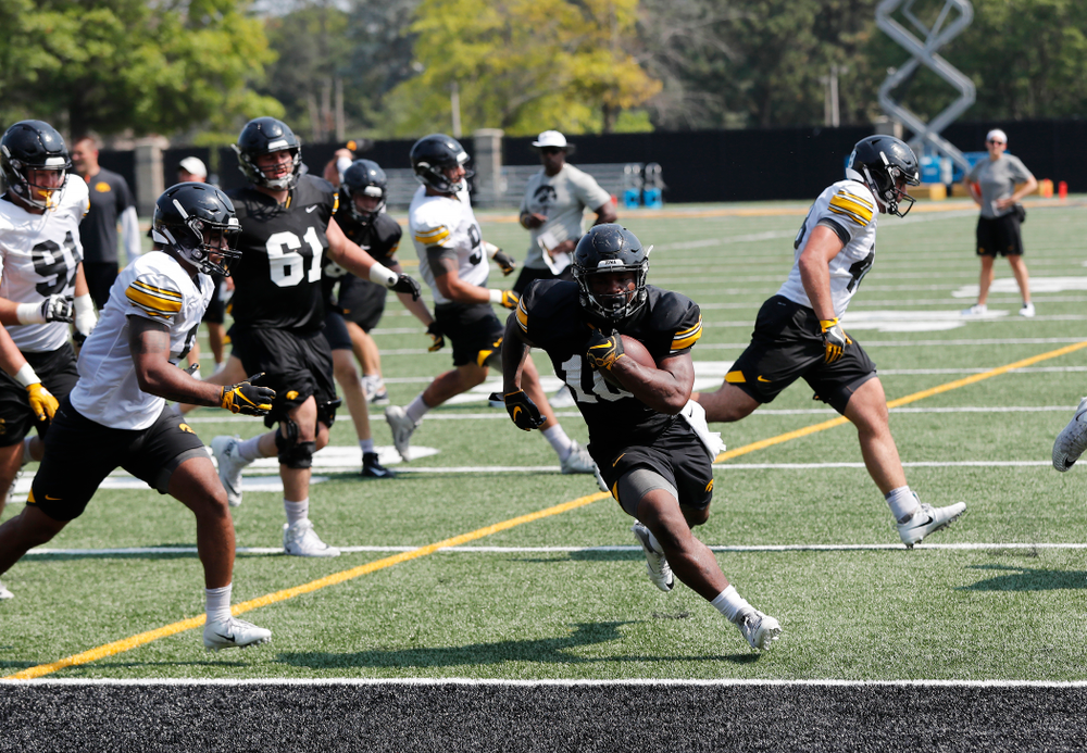 Iowa Hawkeyes running back Mekhi Sargent (10) during practice No. 7 of fall camp Friday, August 10, 2018 at the Kenyon Football Practice Facility. (Brian Ray/hawkeyesports.com)