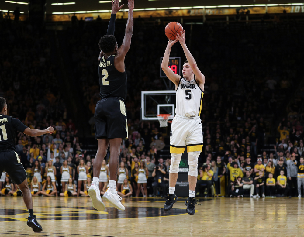 Iowa Hawkeyes guard CJ Fredrick (5) against the Purdue Boilermakers Tuesday, March 3, 2020 at Carver-Hawkeye Arena. (Brian Ray/hawkeyesports.com)