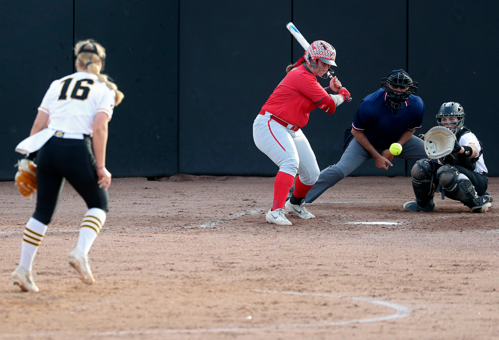 Iowa pitcher Sarah Lehman (16) delivers a strikeout pitch to catcher Abby Lien (9) during the fourth inning of their game against Ohio State at Pearl Field in Iowa City on Friday, May. 3, 2019. (Stephen Mally/hawkeyesports.com)