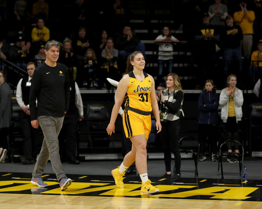 Iowa Hawkeyes forwar/center Paula Valiño Ramos (31) during senior day activities following their win over the Minnesota Golden Gophers Thursday, February 27, 2020 at Carver-Hawkeye Arena. (Brian Ray/hawkeyesports.com)