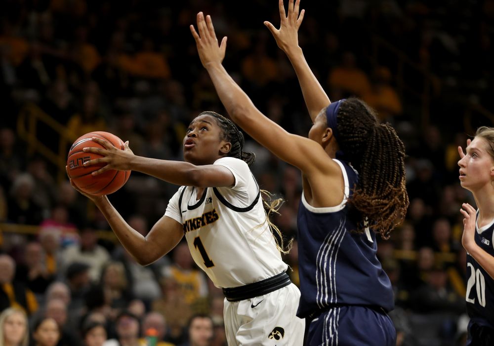 Iowa Hawkeyes guard Tomi Taiwo (1) against Penn State Saturday, February 22, 2020 at Carver-Hawkeye Arena. (Brian Ray/hawkeyesports.com)