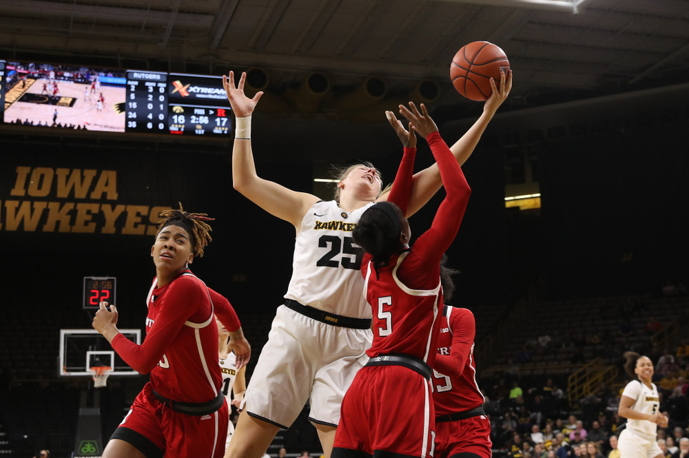 Iowa Hawkeyes forward/center Monika Czinano (25) against the Rutgers Scarlet Knights Wednesday, January 23, 2019 at Carver-Hawkeye Arena. (Brian Ray/hawkeyesports.com)