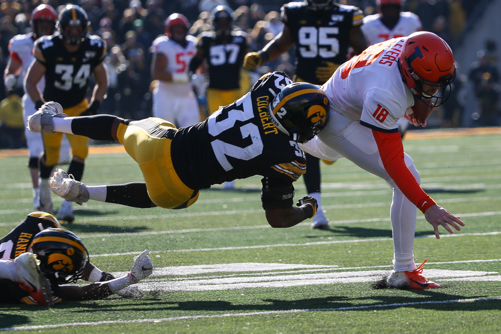 Iowa Hawkeyes linebacker Djimon Colbert (32) during Iowa football vs Illinois on Saturday, November 23, 2019 at Kinnick Stadium. (Lily Smith/hawkeyesports.com)