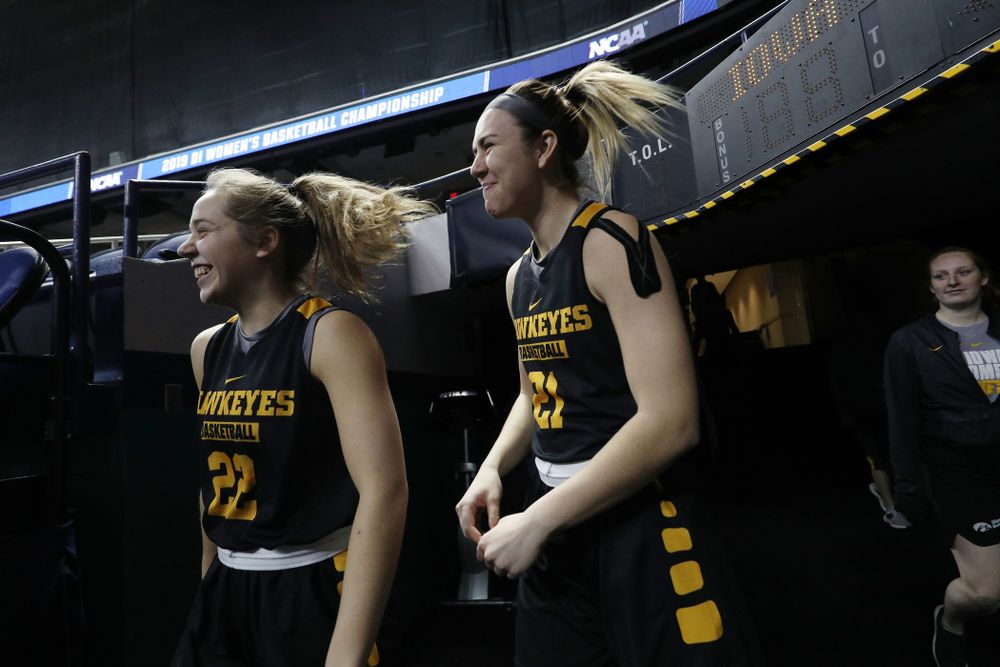 Iowa Hawkeyes forward Hannah Stewart (21) and guard Kathleen Doyle (22) during media and practice as they prepare for their Sweet 16 matchup against NC State Friday, March 29, 2019 at the Greensboro Coliseum in Greensboro, NC.(Brian Ray/hawkeyesports.com)