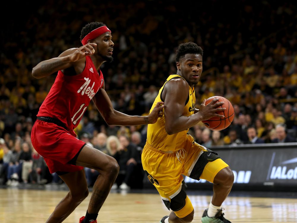 Iowa Hawkeyes guard Joe Toussaint (1) against the Nebraska Cornhuskers Saturday, February 8, 2020 at Carver-Hawkeye Arena. (Brian Ray/hawkeyesports.com)