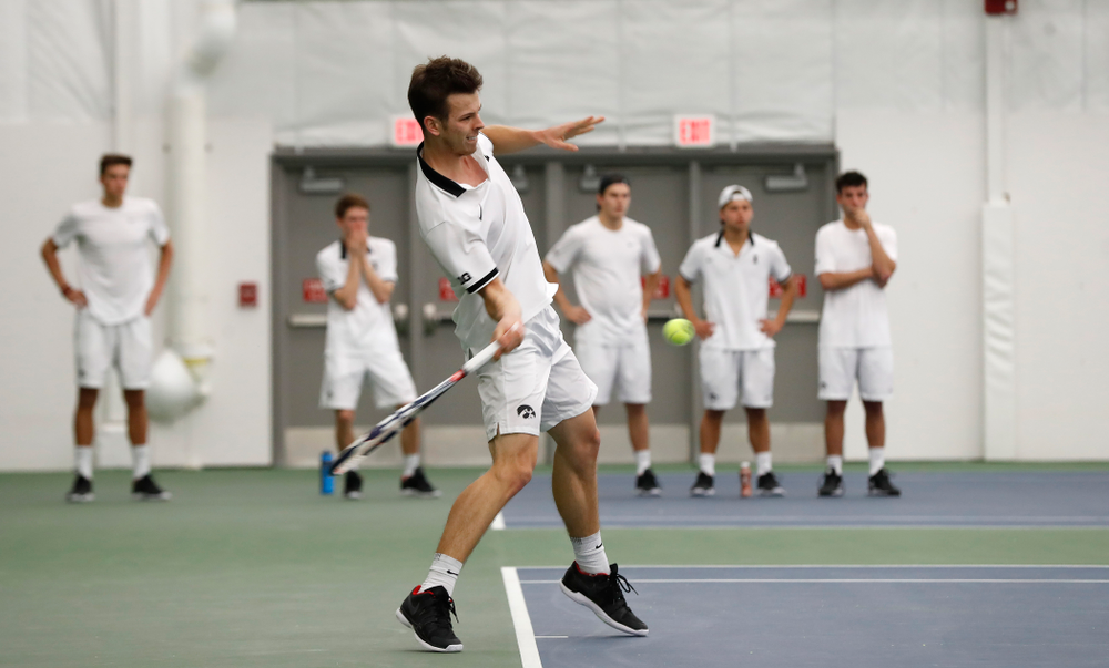 Piotr Smietana against Purdue Sunday, April 15, 2018 at the Hawkeye Tennis and Recreation Center. (Brian Ray/hawkeyesports.com)