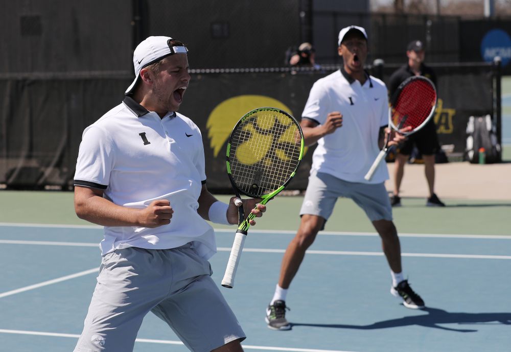 IowaÕs Oliver Okonkwo and Will Davies play a doubles match against the Michigan Wolverines Sunday, April 21, 2019 at the Hawkeye Tennis and Recreation Complex. (Brian Ray/hawkeyesports.com)
