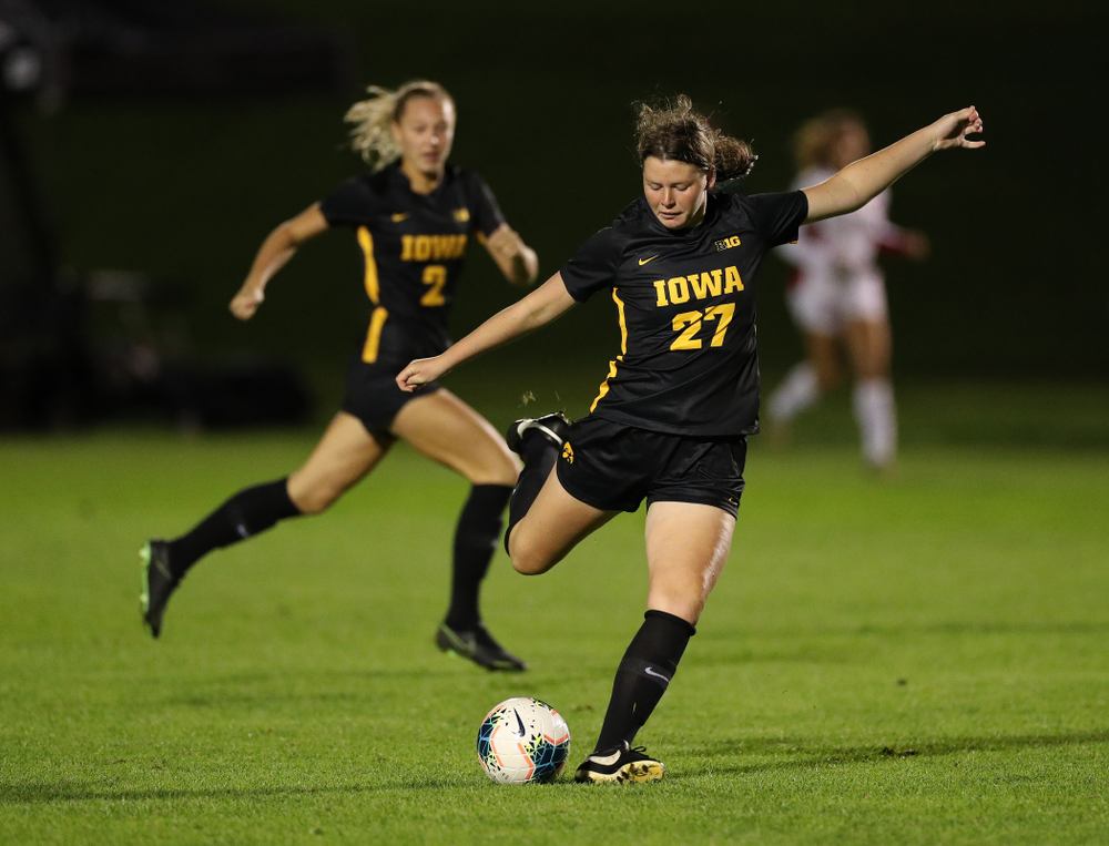 Iowa Hawkeyes forward Samantha Tawharu (27) against the Nebraska Cornhuskers Thursday, October 3, 2019 at the Iowa Soccer Complex. (Brian Ray/hawkeyesports.com)
