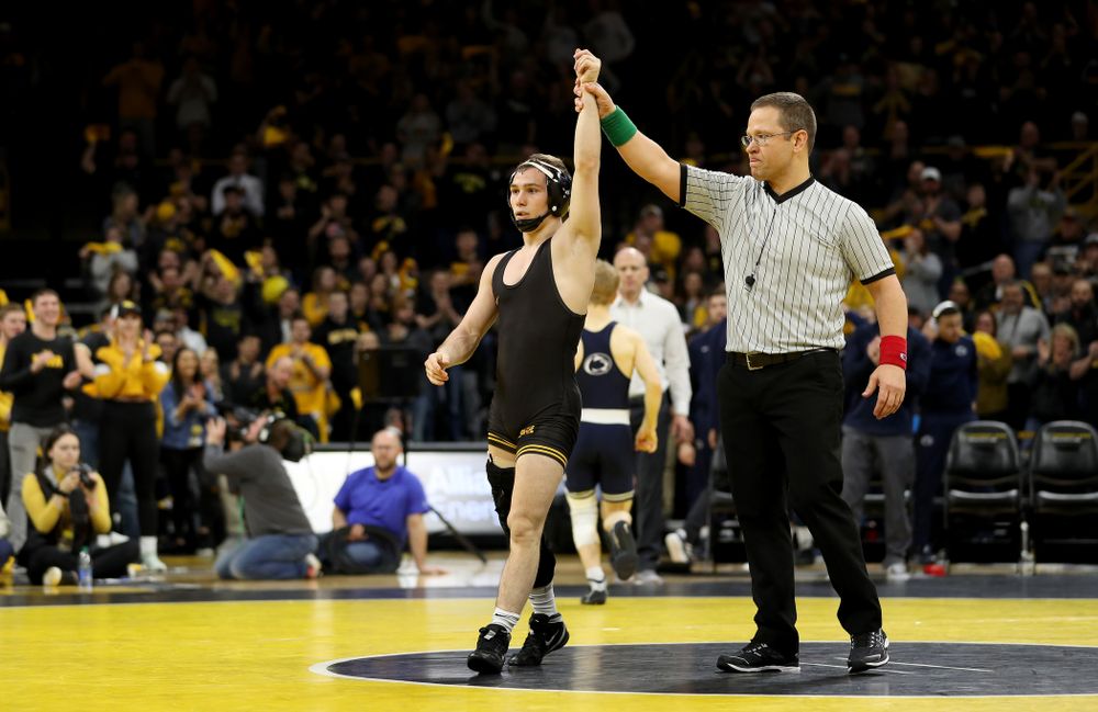 Iowa’s Spencer Lee wrestles Penn State’s Brandon Meredith at 125 pounds Friday, January 31, 2020 at Carver-Hawkeye Arena.Lee won the match by technical fall. (Brian Ray/hawkeyesports.com)