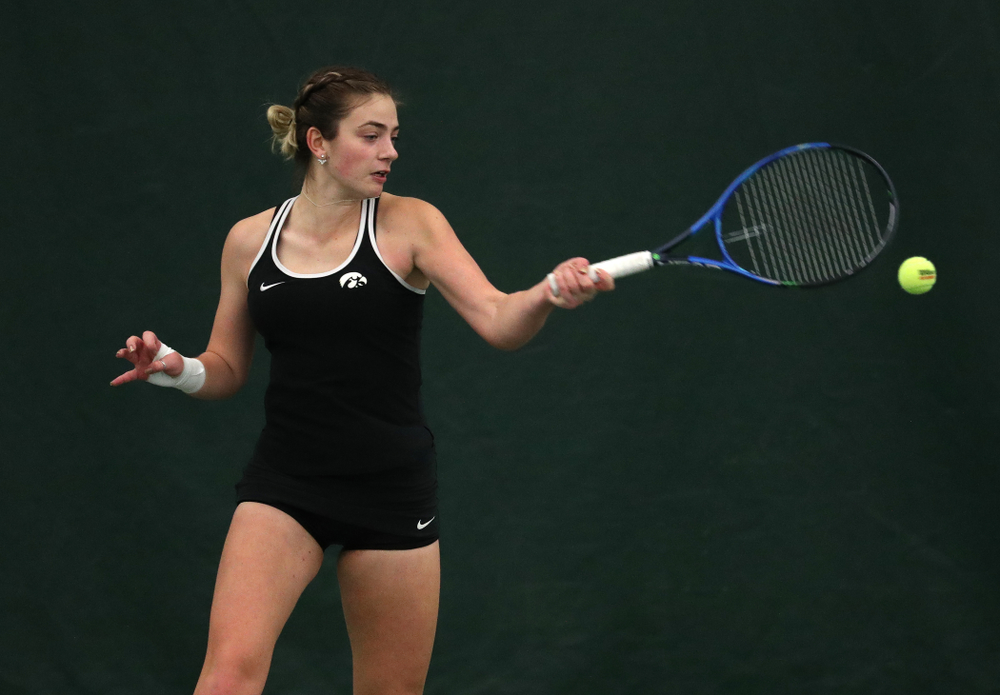Iowa's Sophie Clark against the Penn State Nittany Lions Sunday, February 24, 2019 at the Hawkeye Tennis and Recreation Complex. (Brian Ray/hawkeyesports.com)