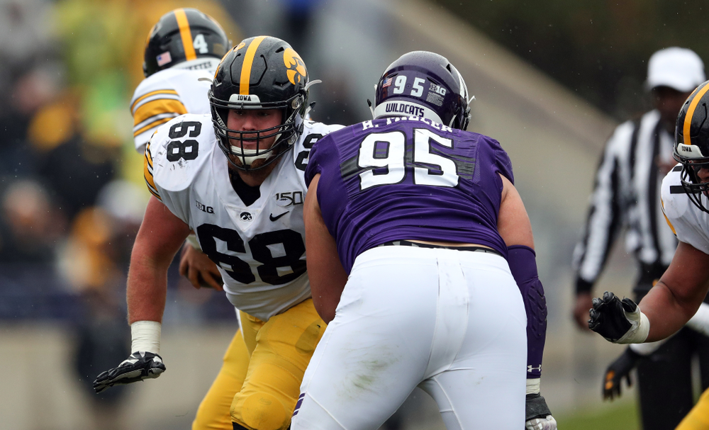 Iowa Hawkeyes offensive lineman Landan Paulsen (68) against the Northwestern Wildcats Saturday, October 26, 2019 at Ryan Field in Evanston, Ill. (Brian Ray/hawkeyesports.com)