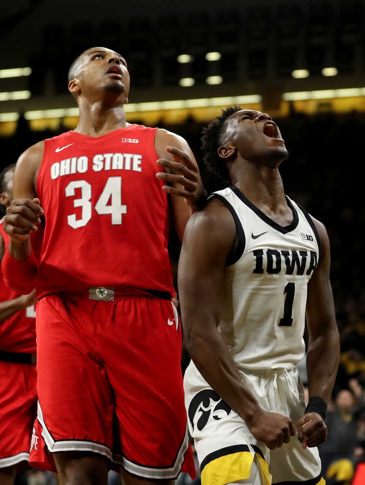 Iowa Hawkeyes guard Joe Toussaint (1) against the Ohio State Buckeyes Thursday, February 20, 2020 at Carver-Hawkeye Arena. (Brian Ray/hawkeyesports.com)
