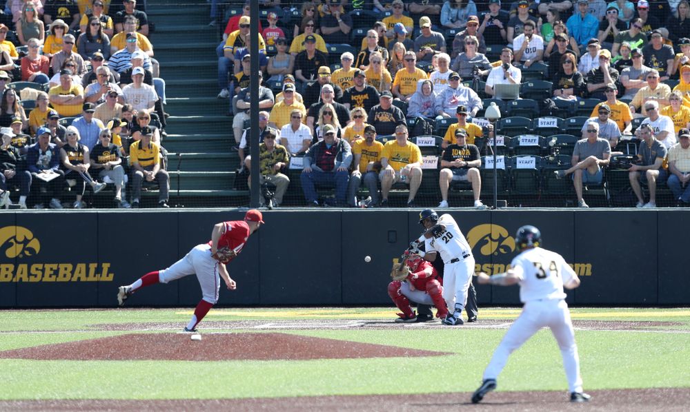 Iowa Hawkeyes Izaya Fullard (20) hits a home run against the Nebraska Cornhuskers Saturday, April 20, 2019 at Duane Banks Field. (Brian Ray/hawkeyesports.com)