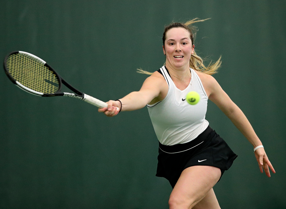 Iowa’s Samantha Mannix during her singles match at the Hawkeye Tennis and Recreation Complex in Iowa City on Sunday, February 16, 2020. (Stephen Mally/hawkeyesports.com)