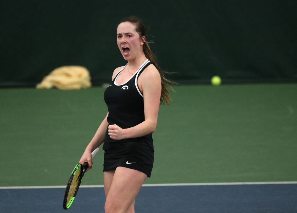 Iowa's Samantha Mannix against the Penn State Nittany Lions Sunday, February 24, 2019 at the Hawkeye Tennis and Recreation Complex. (Brian Ray/hawkeyesports.com)