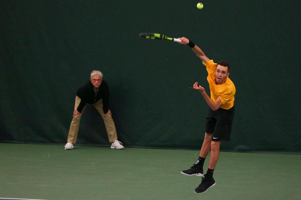 Iowa's Kareem Allaf at a tennis match vs Drake Friday, March 8, 2019 at the Hawkeye Tennis and Recreation Complex. (Lily Smith/hawkeyesports.com)