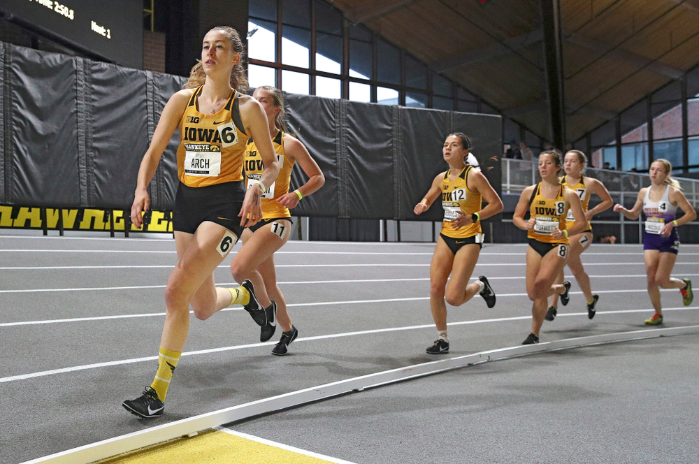 Iowa’s Mary Arch (from left), Emma Gordon, Wren Renquist, Maggie Gutwein, and Gabby Skopec run the women’s 3000 meter run event during the Hawkeye Invitational at the Recreation Building in Iowa City on Saturday, January 11, 2020. (Stephen Mally/hawkeyesports.com)