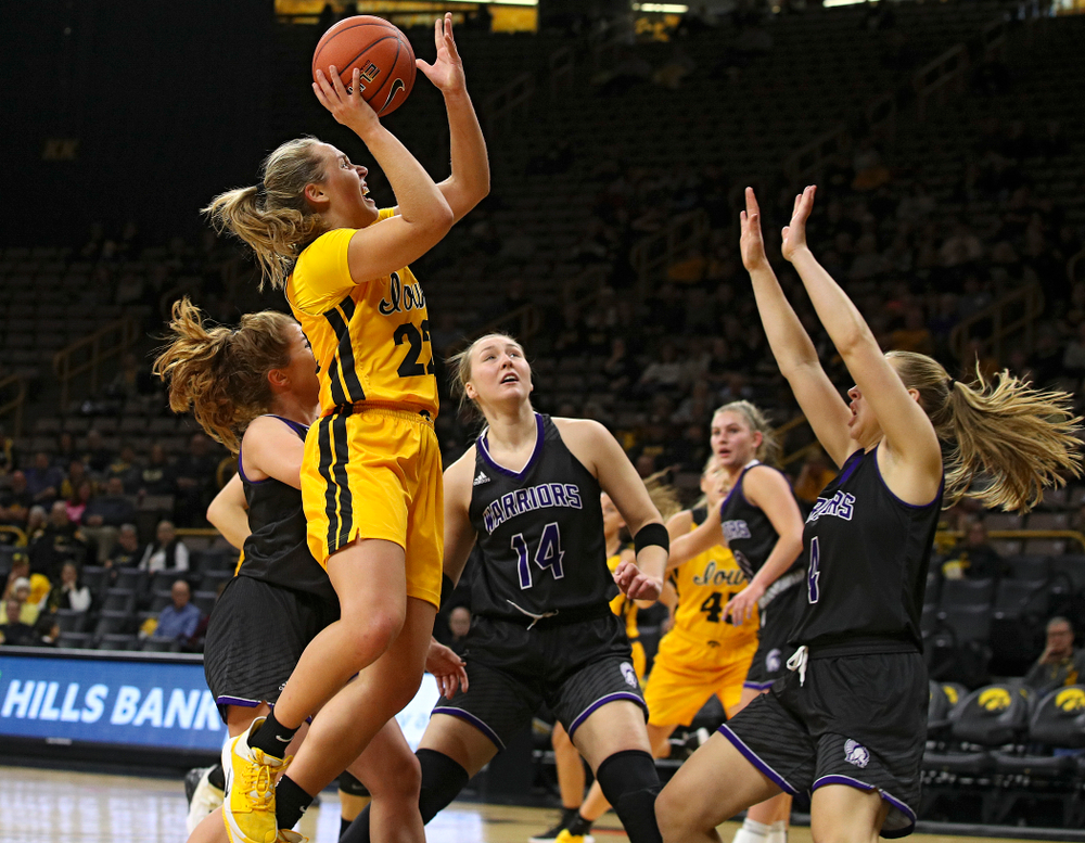 Iowa guard Kathleen Doyle (22) makes a basket during the first quarter of their game against Winona State at Carver-Hawkeye Arena in Iowa City on Sunday, Nov 3, 2019. (Stephen Mally/hawkeyesports.com)