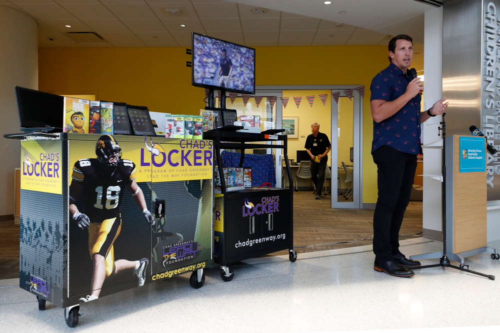 Former Hawkeye Football linebacker Chad Greenway's Lead the Way Foundation unveils their latest Greenway's Locker technology and media cabinet Friday, August 31, 2018 at the University of Iowa Stead Family Children's Hospital. Chad's Locker provides patients and their families access to notebook computers, movies and video game systems to occupy their time during their hospital stay. (Brian Ray/hawkeyesports.com)