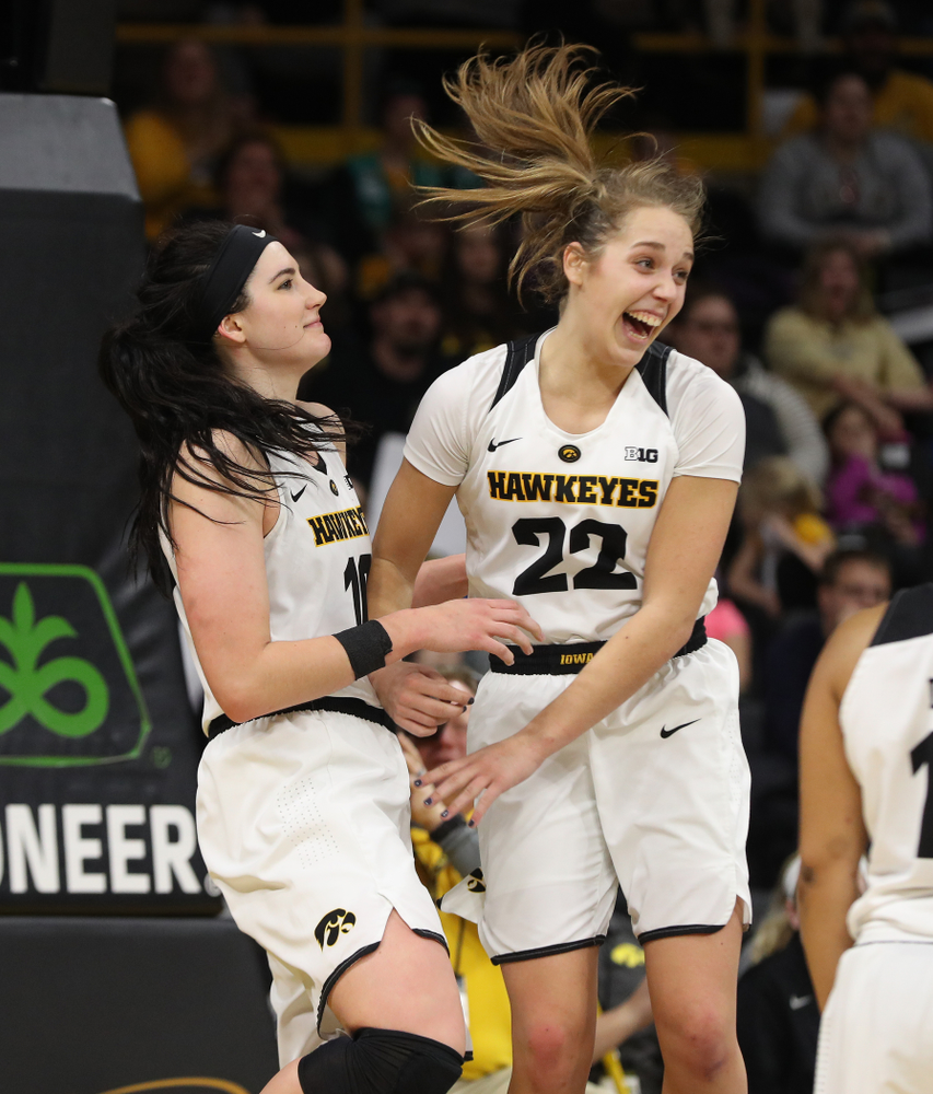 Iowa Hawkeyes forward Megan Gustafson (10) and guard Kathleen Doyle (22) against the Purdue Boilermakers Sunday, January 27, 2019 at Carver-Hawkeye Arena. (Brian Ray/hawkeyesports.com)