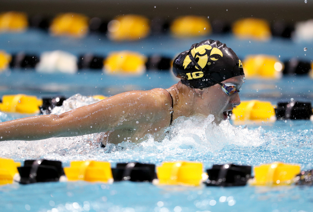 IowaÕs Christina Kaufman competes in the 200 yard butterfly against Notre Dame and Illinois Saturday, January 11, 2020 at the Campus Recreation and Wellness Center. (Brian Ray/hawkeyesports.com)