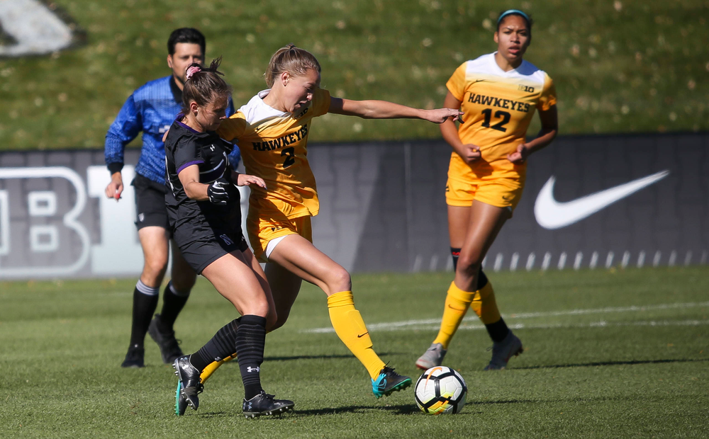 Iowa Hawkeyes midfielder Hailey Rydberg (2) dribbles the ball during a game against Northwestern at the Iowa Soccer Complex on October 21, 2018. (Tork Mason/hawkeyesports.com)