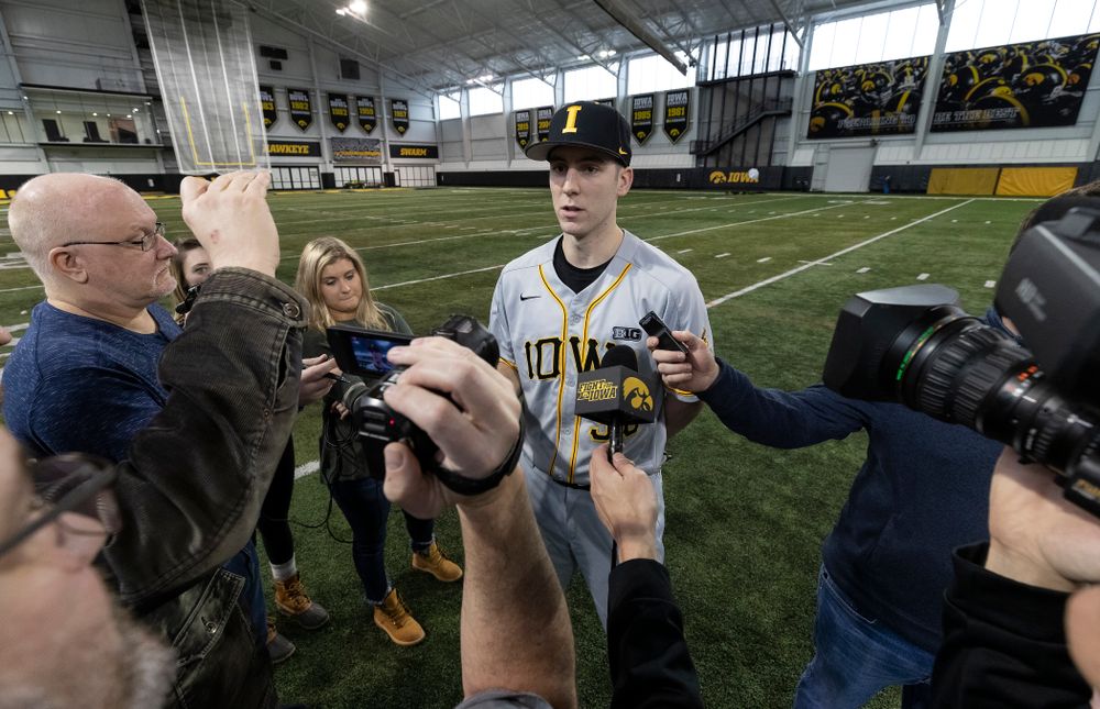 Iowa Hawkeyes Connor McCaffery (30) answers questions from reporters during the team's annual media day Tuesday, February 5, 2019 in the Indoor Practice Facility. (Brian Ray/hawkeyesports.com)