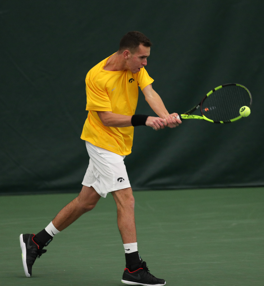 Kareem Allaf against Utah Sunday, February 10, 2019 at the Hawkeye Tennis and Recreation Complex. (Brian Ray/hawkeyesports.com)