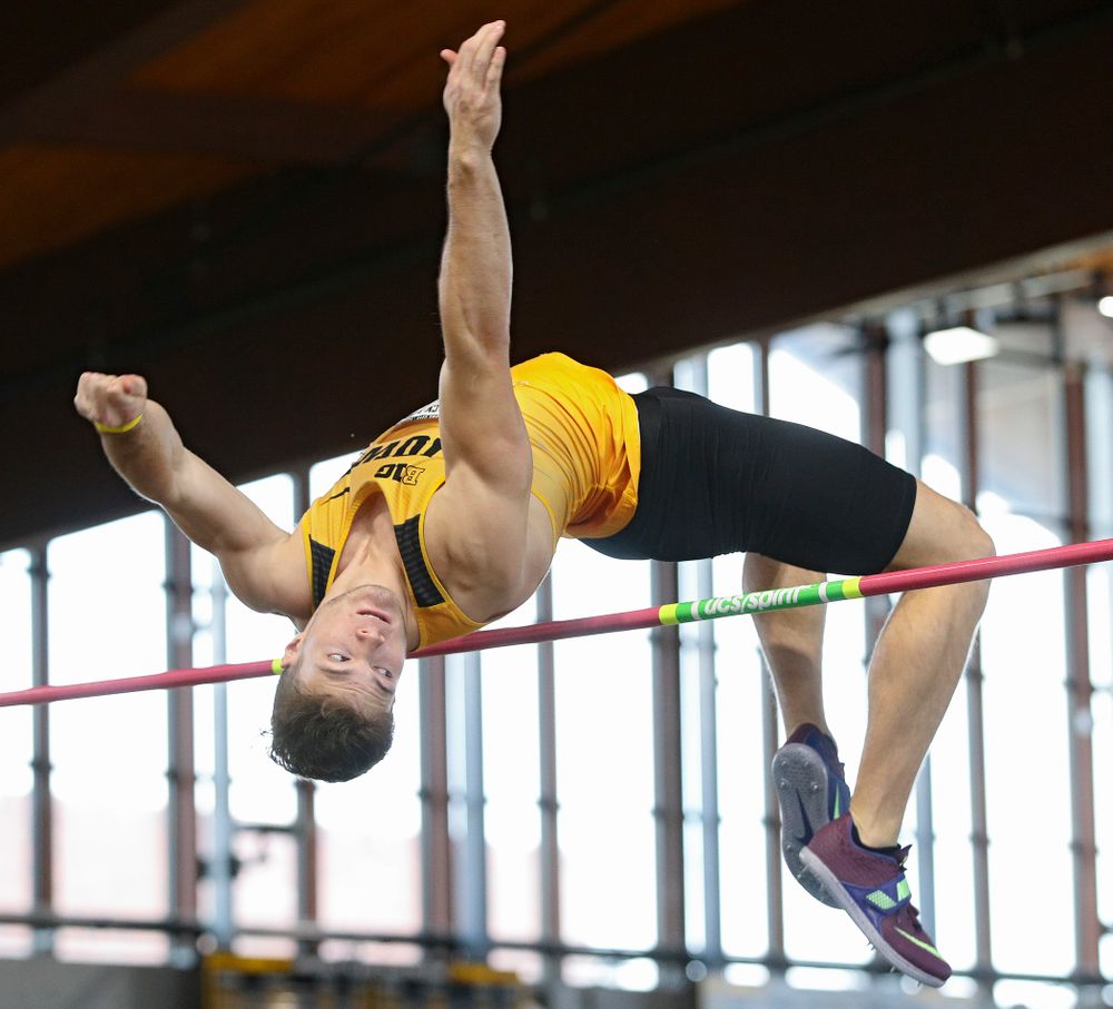 Iowa’s Peyton Haack competes in the men’s high jump event at the Black and Gold Invite at the Recreation Building in Iowa City on Saturday, February 1, 2020. (Stephen Mally/hawkeyesports.com)
