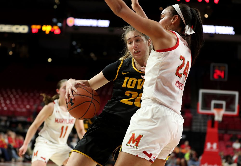 Iowa Hawkeyes guard Kate Martin (20) against the Maryland Terrapins Thursday, February 13, 2020 at the Xfinity Center in College Park, MD. (Brian Ray/hawkeyesports.com)