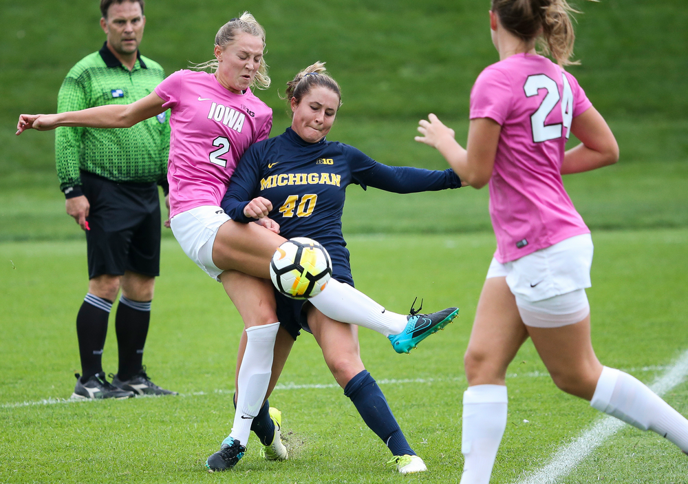 Iowa Hawkeyes midfielder Hailey Rydberg (2) passes the ball during a game against Michigan at the Iowa Soccer Complex on October 14, 2018. (Tork Mason/hawkeyesports.com)