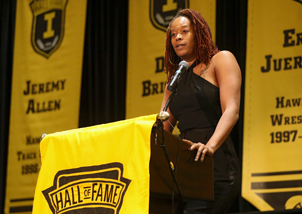 2019 University of Iowa Athletics Hall of Fame inductee Tangela Smith speaks during the Hall of Fame Induction Ceremony at the Coralville Marriott Hotel and Conference Center in Coralville on Friday, Aug 30, 2019. (Stephen Mally/hawkeyesports.com)