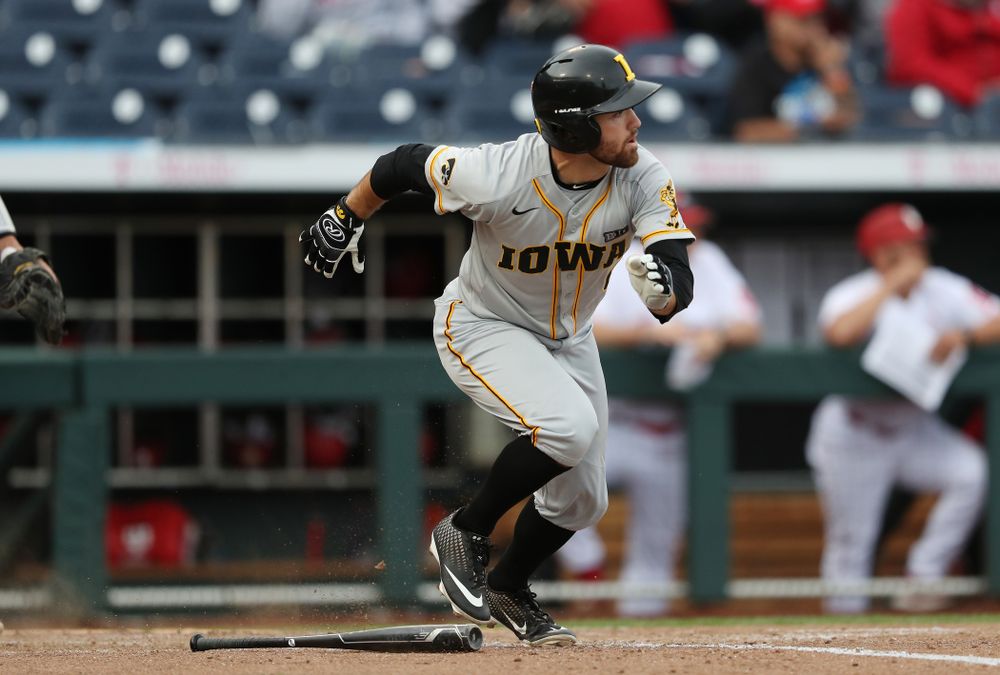 Iowa Hawkeyes outfielder Justin Jenkins (6) against the Indiana Hoosiers in the first round of the Big Ten Baseball Tournament Wednesday, May 22, 2019 at TD Ameritrade Park in Omaha, Neb. (Brian Ray/hawkeyesports.com)