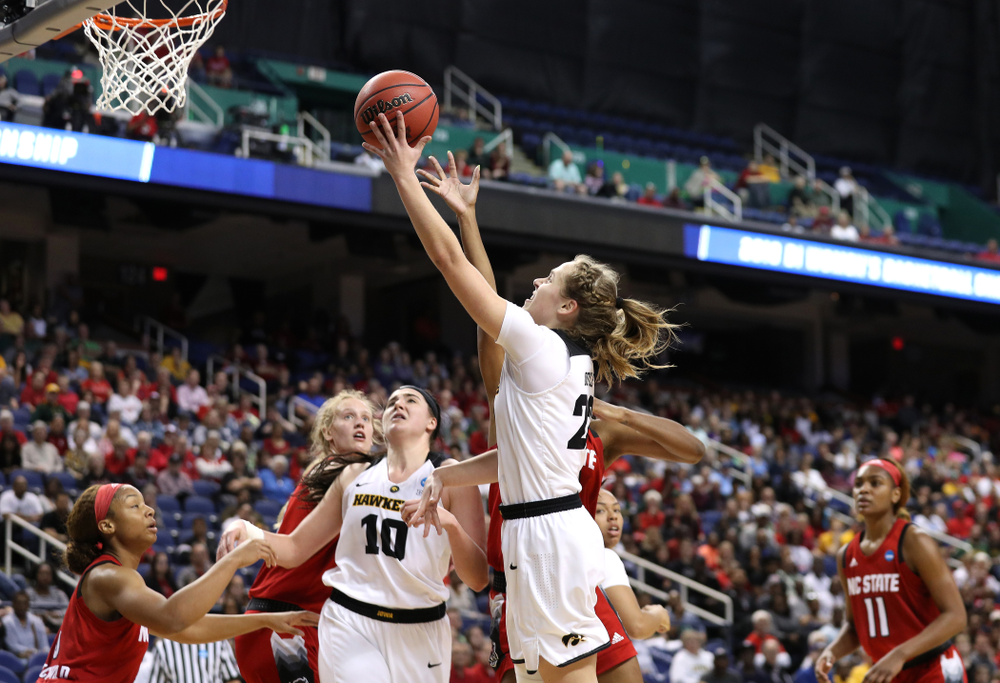 Iowa Hawkeyes guard Kathleen Doyle (22) against the NC State Wolfpack in the regional semi-final of the 2019 NCAA Women's College Basketball Tournament Saturday, March 30, 2019 at Greensboro Coliseum in Greensboro, NC.(Brian Ray/hawkeyesports.com)
