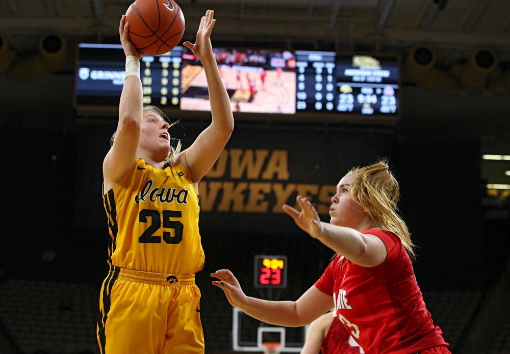 Iowa Hawkeyes forward Monika Czinano (25) puts up a shot during the second quarter of their game at Carver-Hawkeye Arena in Iowa City on Thursday, January 23, 2020. (Stephen Mally/hawkeyesports.com)