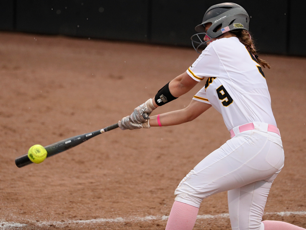 Iowa catcher Abby Lien (9) bats during the third inning of their game against Iowa State at Pearl Field in Iowa City on Tuesday, Apr. 9, 2019. (Stephen Mally/hawkeyesports.com)