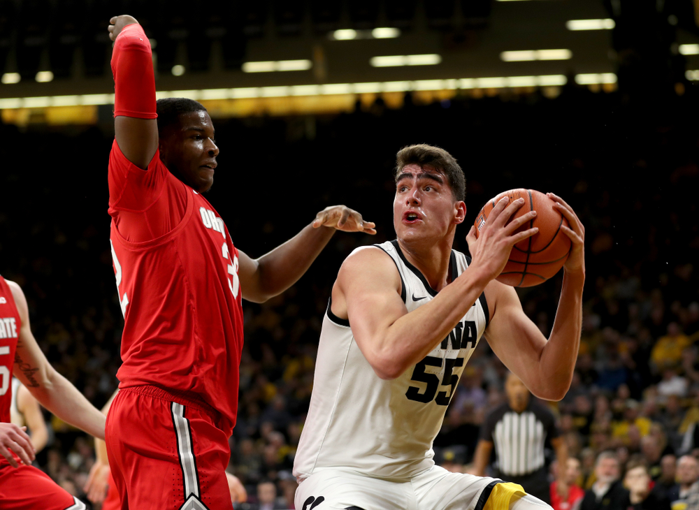 Iowa Hawkeyes forward Luka Garza (55) against the Ohio State Buckeyes Thursday, February 20, 2020 at Carver-Hawkeye Arena. (Brian Ray/hawkeyesports.com)