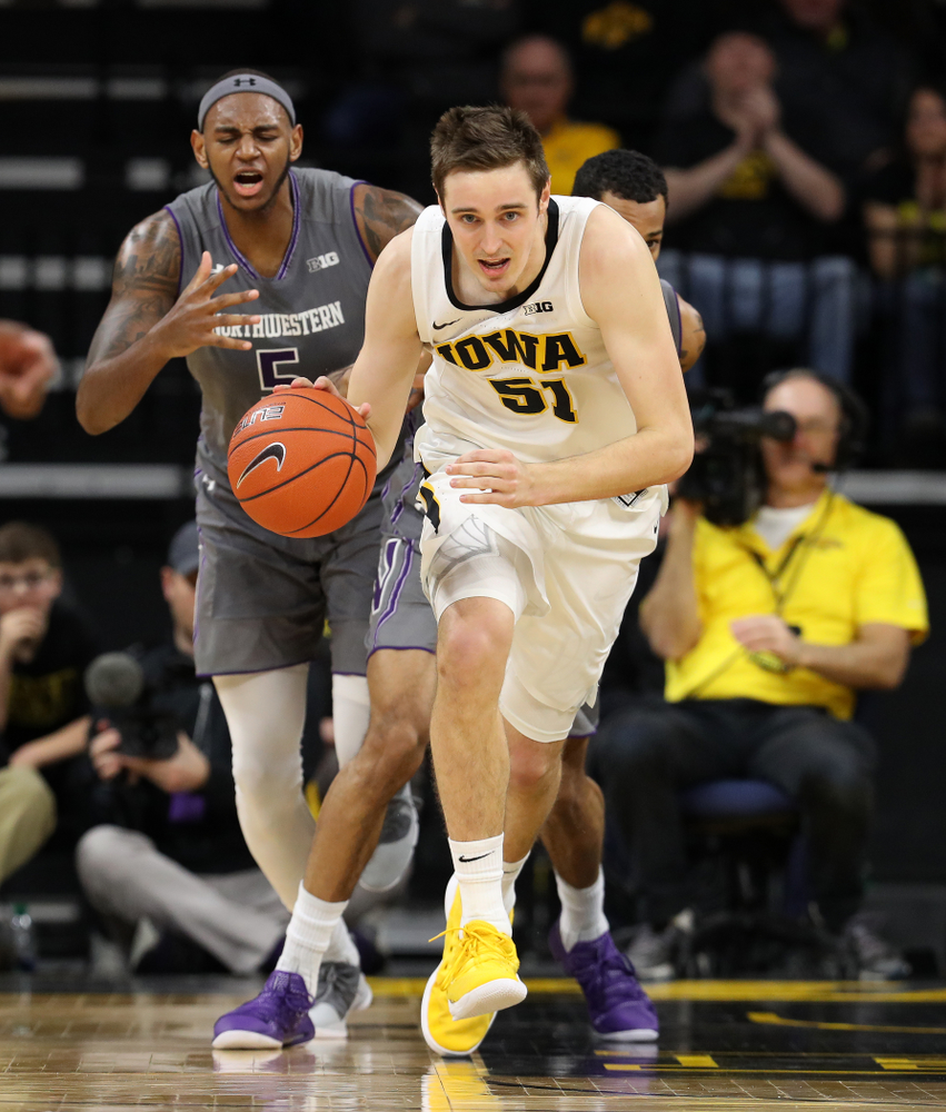 Iowa Hawkeyes forward Nicholas Baer (51) against the Northwestern Wildcats Sunday, February 10, 2019 at Carver-Hawkeye Arena. (Brian Ray/hawkeyesports.com)