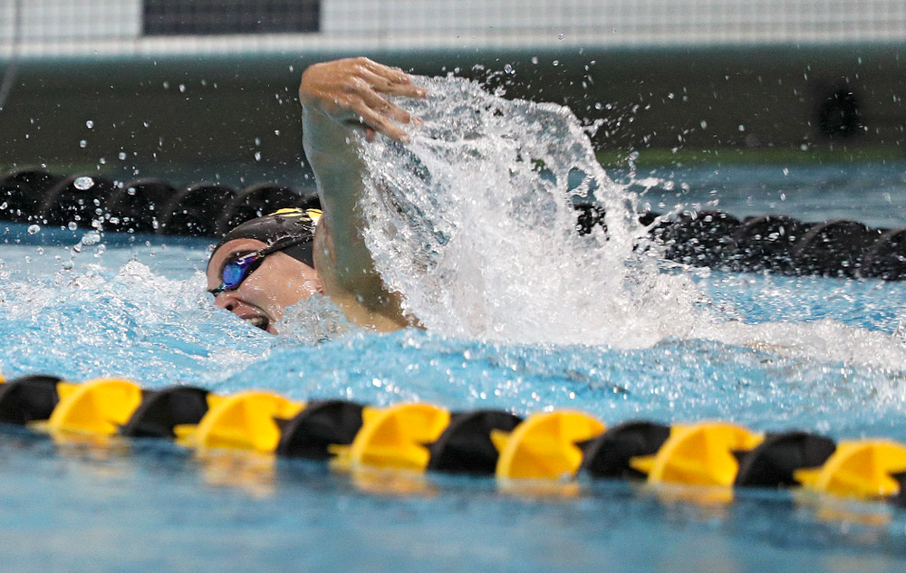 Iowa’s Meghan Hackett swims her section of the women’s 200-yard freestyle relay event during their meet against Michigan State at the Campus Recreation and Wellness Center in Iowa City on Thursday, Oct 3, 2019. (Stephen Mally/hawkeyesports.com)