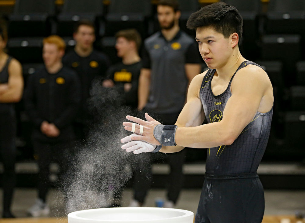 Iowa's Bennet Huang competes in the pommel horse against Ohio State at Caver-Hawkeye Arena in Iowa City on Saturday, Mar. 16, 2019. (Stephen Mally for HawkeyeSports.com)