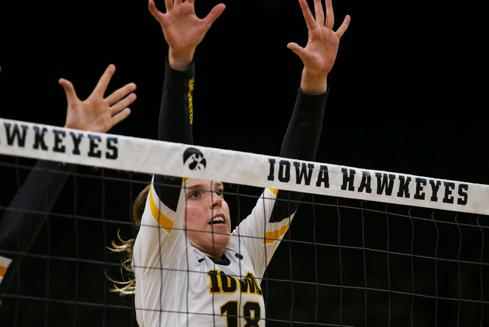 Iowa Hawkeyes middle blocker Hannah Clayton (18) against Coastal Carolina Friday, September 20, 2019 at Carver-Hawkeye Arena. (Lily Smith/hawkeyesports.com)