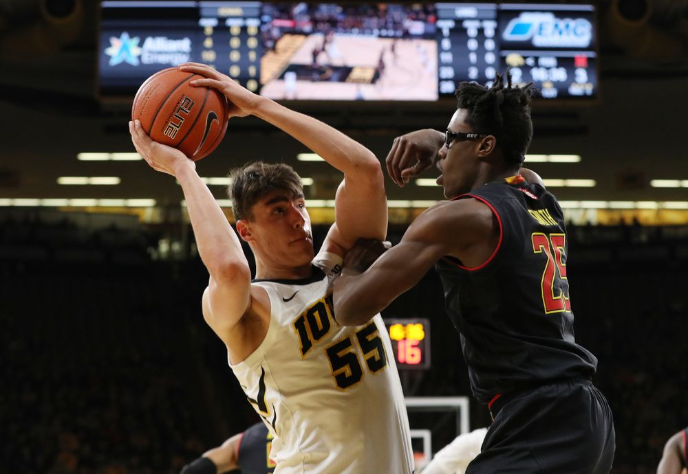 Iowa Hawkeyes forward Luka Garza (55) against the Maryland Terapins Tuesday, February 19, 2019 at Carver-Hawkeye Arena. (Brian Ray/hawkeyesports.com)