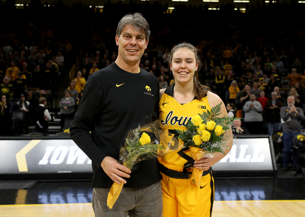 Iowa Hawkeyes forwar/center Paula Valiño Ramos (31) during senior day activities following their win over the Minnesota Golden Gophers Thursday, February 27, 2020 at Carver-Hawkeye Arena. (Brian Ray/hawkeyesports.com)